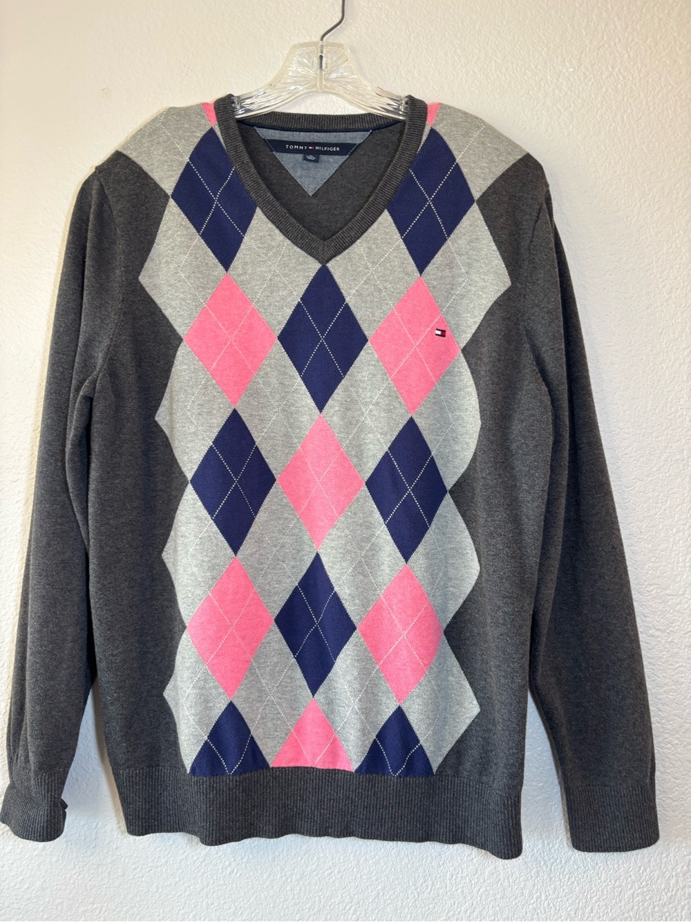 Tommy Hilfiger Mens Argyle V-Neck Sweater 100% Cotton Long Sleeve Size XL Preppy